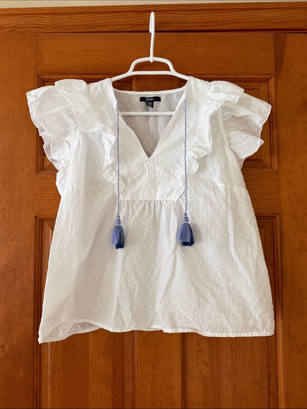 HATLEY top size M white cotton flutter sleeve tassels polka dots